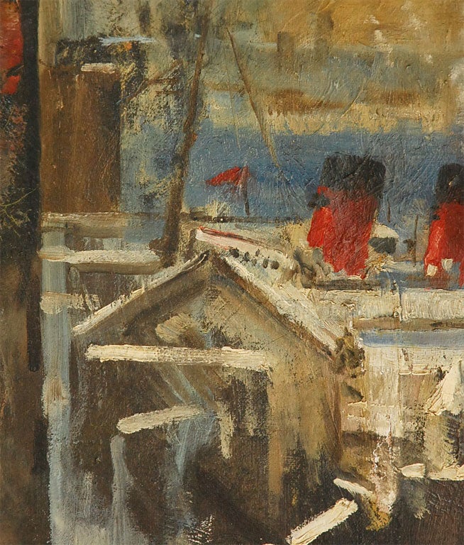 Oil Painting of Bear Overlooking Shipyard In Good Condition For Sale In Los Angeles, CA