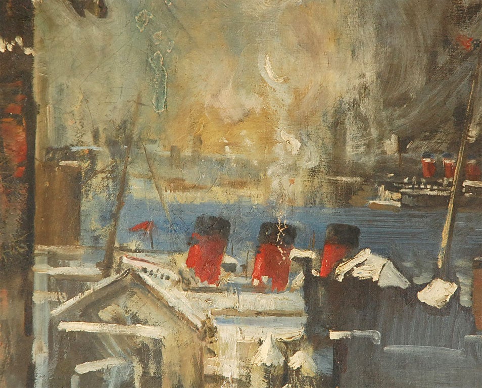 Canvas Oil Painting of Bear Overlooking Shipyard For Sale