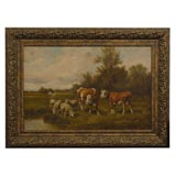 Painting of Cows and Sheep in a Peaceful Pastoral Setting
