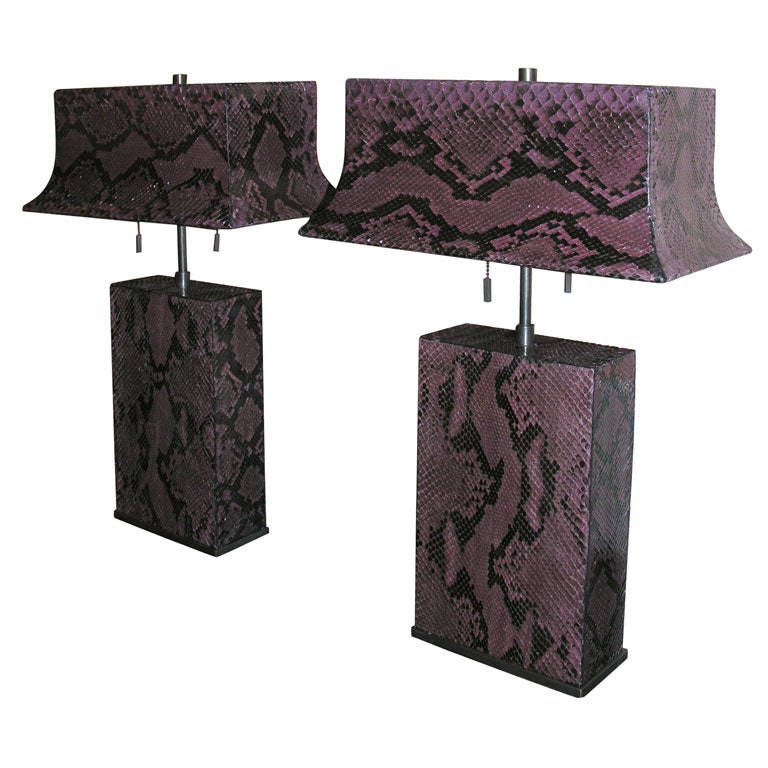 Stunning Pair of Table Lamps Covered in Python by Karl Springer