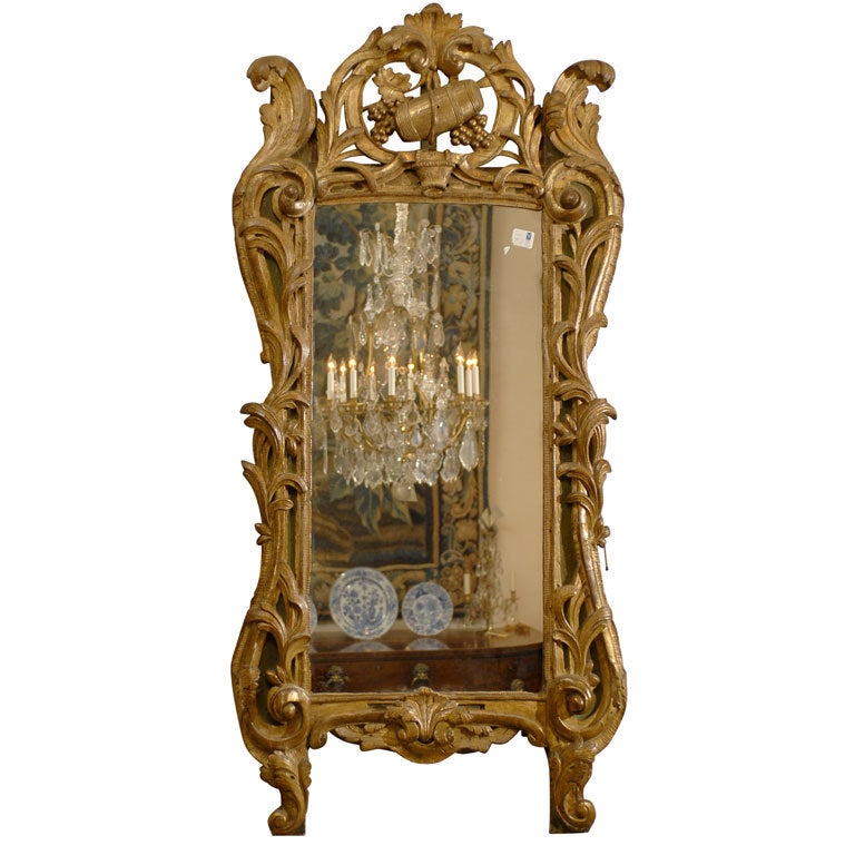 Louis XV Period Giltwood Mirror with Wine Trophy Crest, France, circa 1760 For Sale