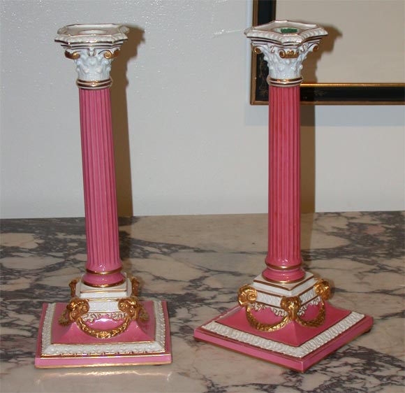 A Pair of 19th C. English Pink  Ground Candlesticks