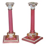 A Pair of 19th C. English Pink Ground Candlesticks A Pair of 19th C. English Pink Ground Candlesticks