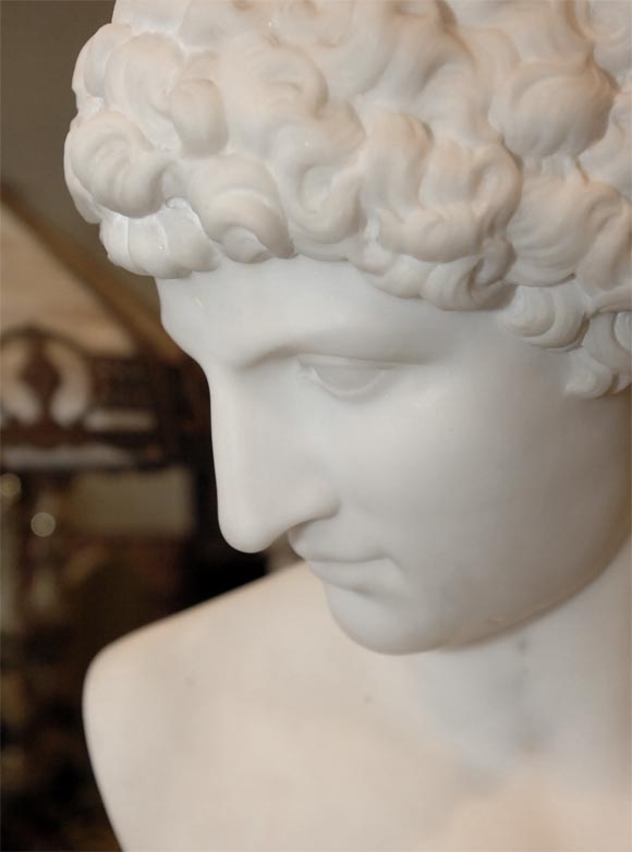 Italian Carrara Marble Portrait Bust of Antinous Signed P. Bazzanti