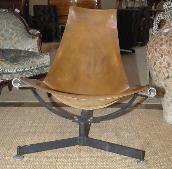 Swiss Set of 3 low slung leather chairs and 1 stool by Max Gottschalk