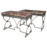 Art Deco iron and marble top pair of console tables