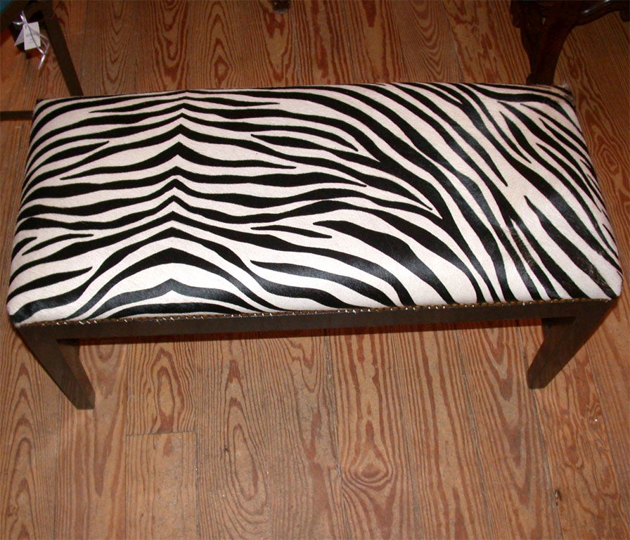 Contemporary Zebra Bench with Stamped Cowhide & Ebonized Walnut