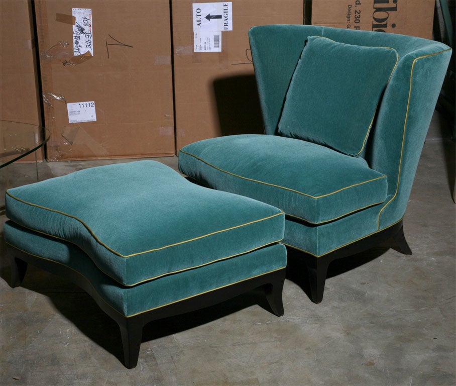 Pair of Geneva Club Chairs and 1 ottoman in turquiose blue velvet fabic.  Unusual opportunity to buy these brand new chairs currently in storage- for substantially less than showroom retail price.
