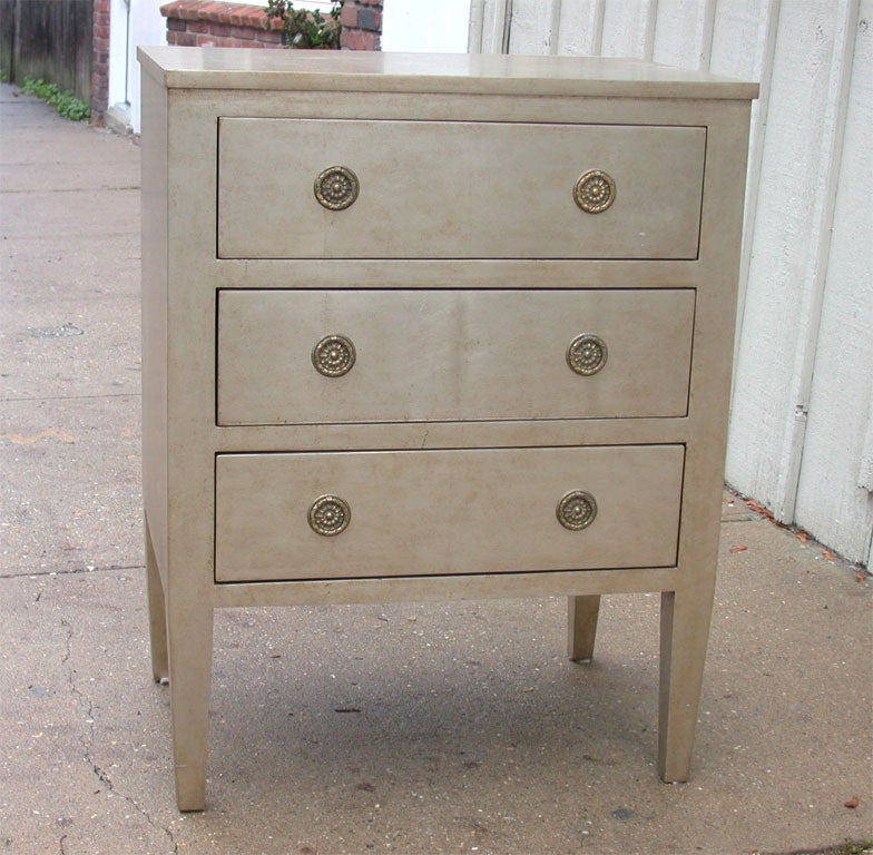 three drawer dresser, bronze leaf, brass pulls