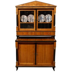 Antique Biedermeier Vitrine Cabinet in Fruitwood & Ebonized Detail, Germany, circa 1825