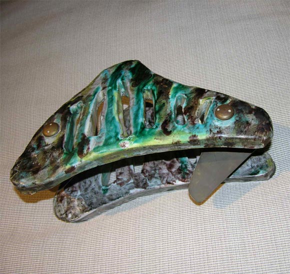 Triangular Handmade Ceramic Pulls. Bright Color Glazes & Bronze Mounts.