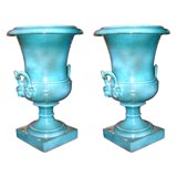 Pair of Neoclassical Turquoise Glazed Urns