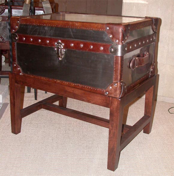 Contemporary Steel Trunk with Leather Trim on Wooden Base