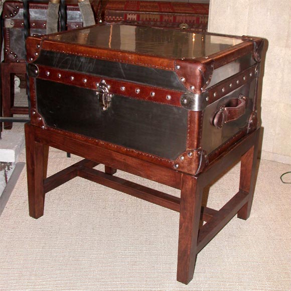 Steel Trunk with Leather Trim on Wooden Base 1
