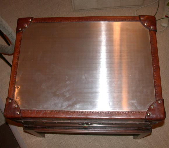 Steel Trunk with Leather Trim on Wooden Base 2