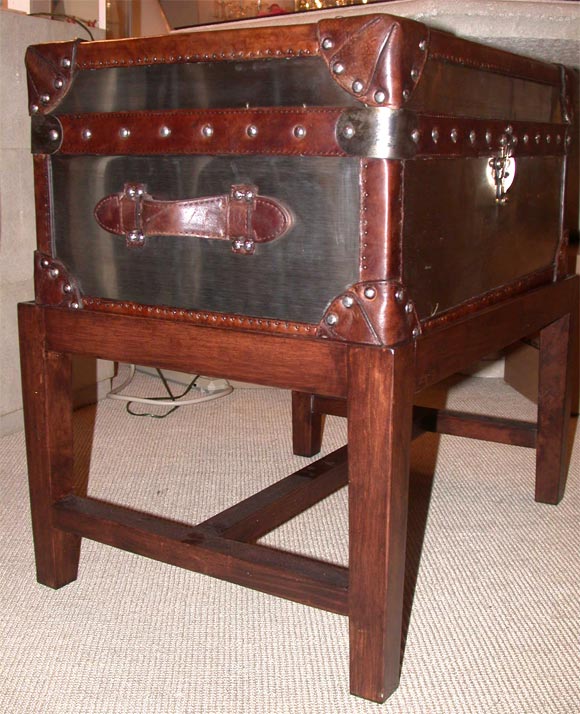 Steel Trunk with Leather Trim on Wooden Base 3