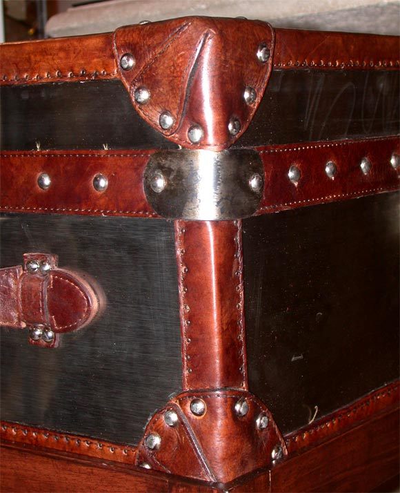Steel Trunk with Leather Trim on Wooden Base 4