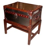 Steel Trunk with Leather Trim on Wooden Base