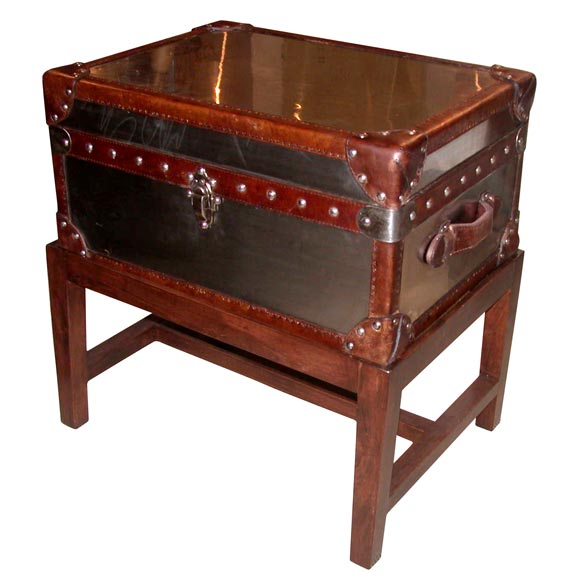 Steel Trunk with Leather Trim on Wooden Base
