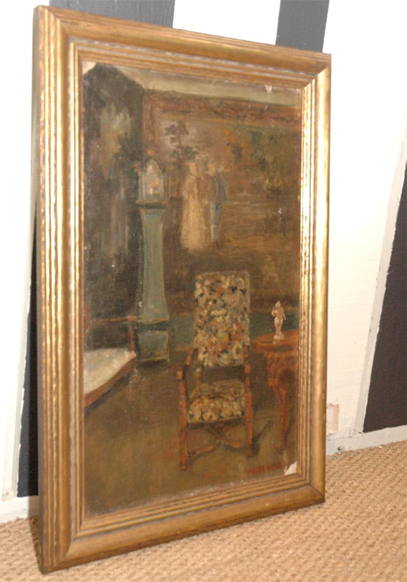 A Dim Library with a Grandfather Clock, Arm Chair and Table