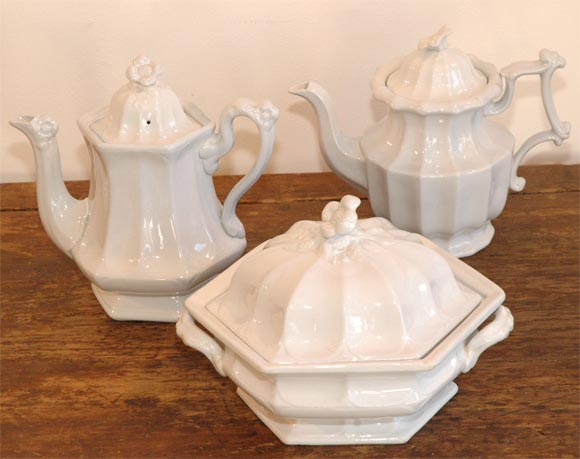 19THC RARE IRONSTONE COFFEE POT, TEA POT, SOUP TUREEN