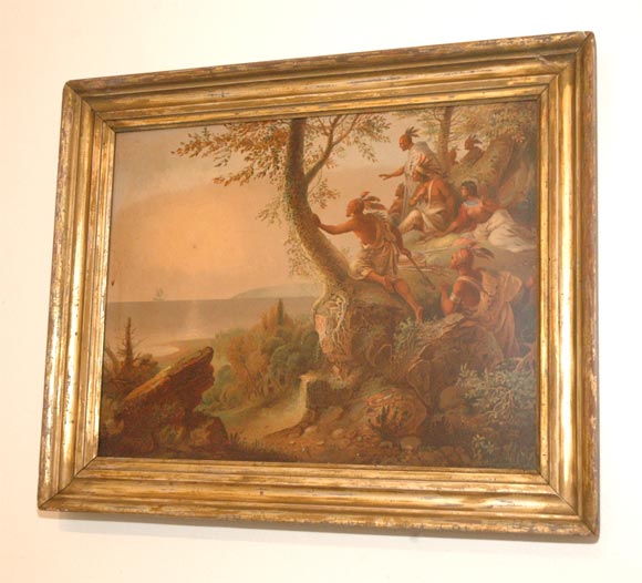 19THC INDIANS HUNTING PRINT/LITHO. WITH ORIGINAL LEMONGOLD FRAME