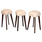 1930S BAR STOOLS WITH LINEN SEATS AND TAPER LEGS/SET OF THREE