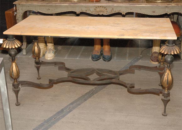 Poillerat Style Gilded Iron Center Table with Sienna Marble Top