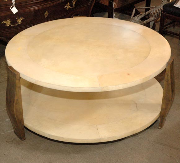 Bronze 3-Legged and 2-Tiered Parchment Round Coffee Table