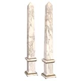 Pair of Metal Mounted White Marble Obelisks