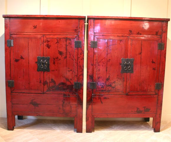 Pair of Large 19th Century Chinese Red Lacquered Cabinet