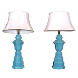 PAIR OF UNUSUAL CERAMIC LAMPS WITH A PEACOCK BLUE GLAZE.
