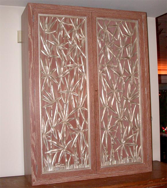 American Spectacular Wall Cabinet with Carved Bamboo Doors by James Mont For Sale
