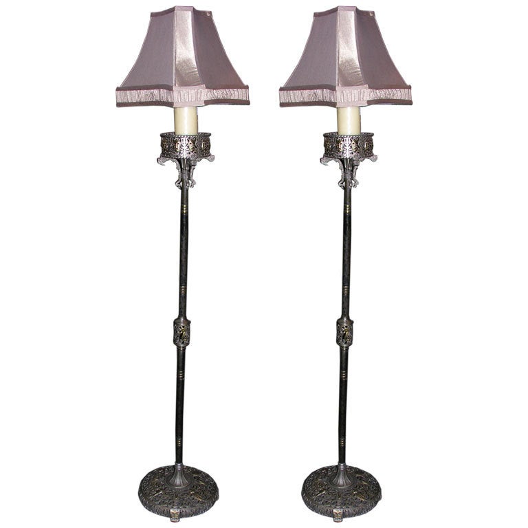 Oscar Bach Art Deco Comedy & Tragedy Bronze Standing Lamps For Sale