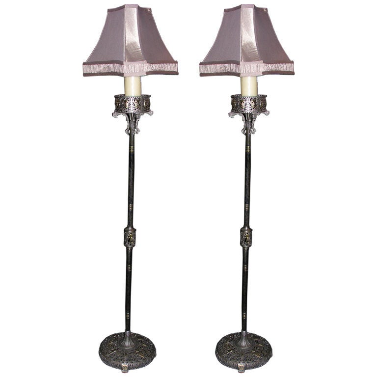 Oscar Bach Art Deco Comedy & Tragedy Bronze Standing Lamps