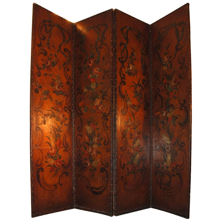 FOUR PANEL HAND PAINTED LEATHER SCREEN