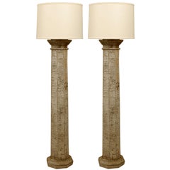 Antique Pair of HUGE Column Floor Lamps with crazed Blue/Grey Paint