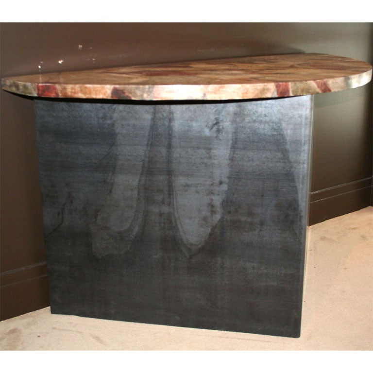 Pair of Steel and Faux Marble Demi Lune Tables 1