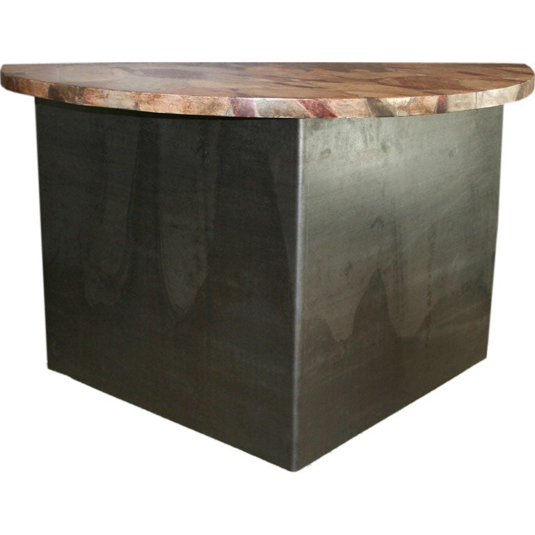 Pair of Steel and Faux Marble Demi Lune Tables