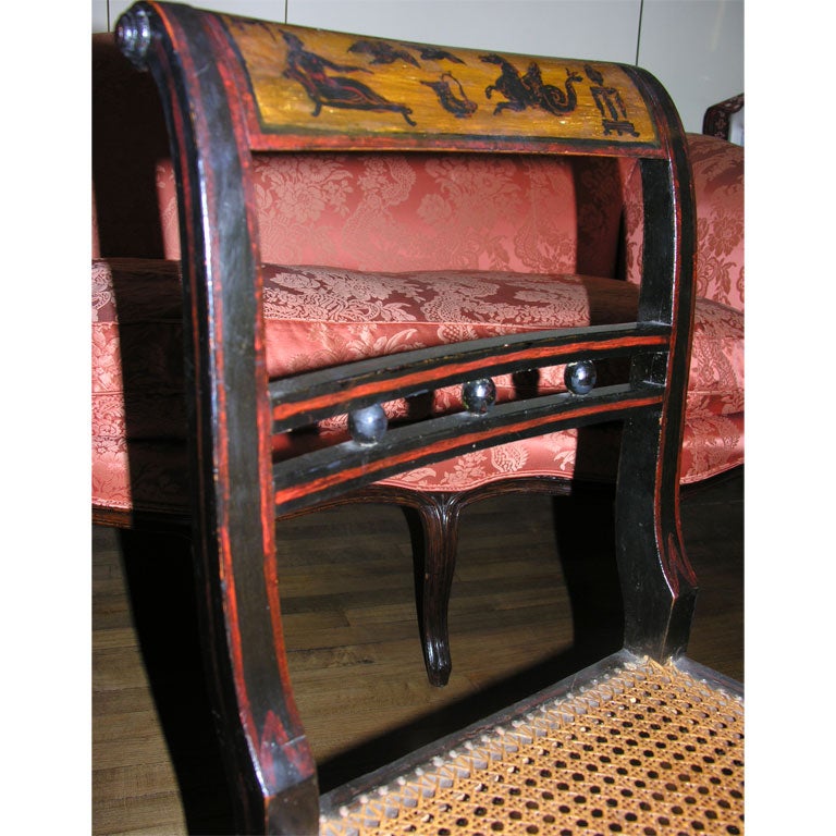 19th Century Pair of Regency black lacquered and painted side chairs