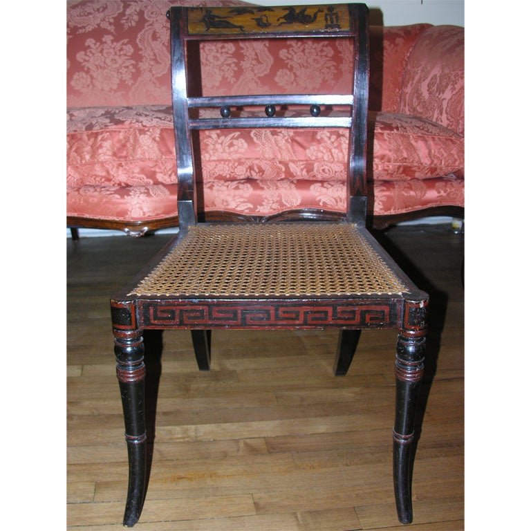 Pair of Regency black lacquered and painted side chairs 3