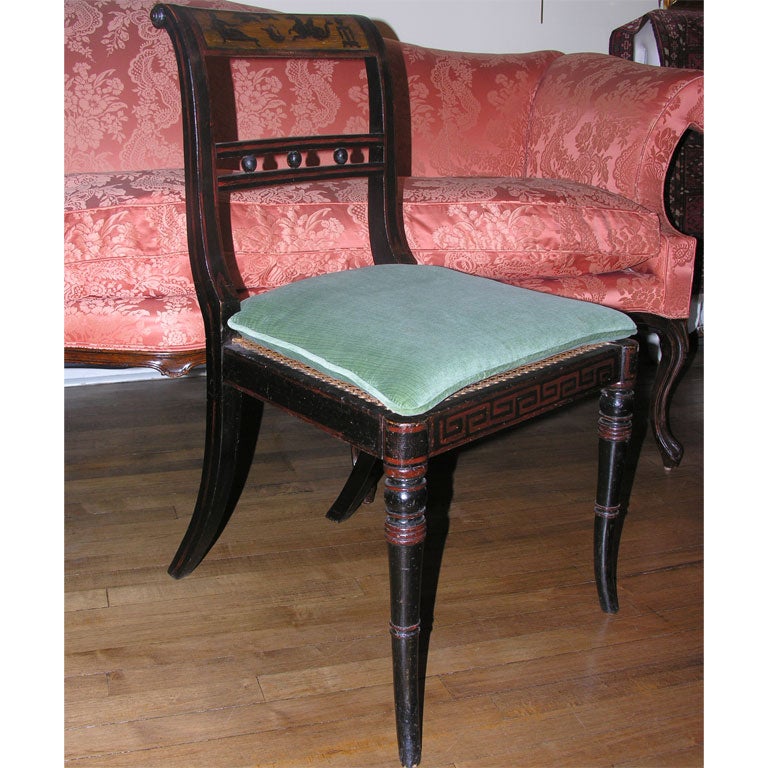 Pair of Regency black lacquered and painted side chairs 4