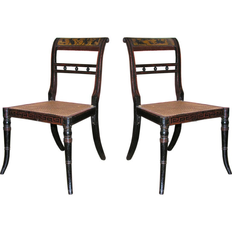 Pair of Regency black lacquered and painted side chairs
