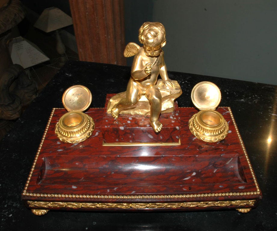 French Louis XVI Style Marble and Gilt Bronze Inkwell For Sale 1