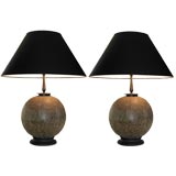 Antique Pair of Incised Brass Lamps