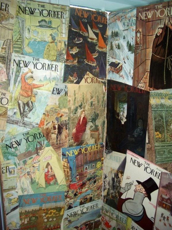 Antique wallpaper covered screen decoupaged with New Yorker covers from 1950 -1953.