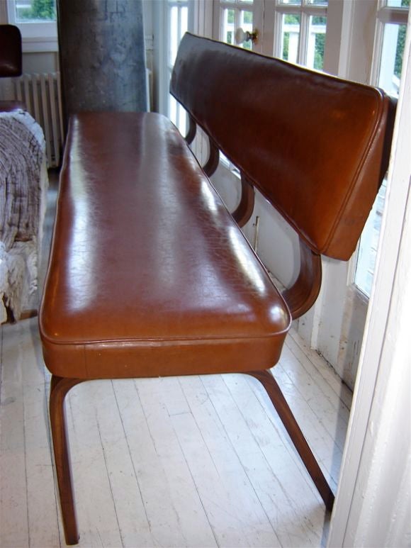 Two small and one large bentwood benches in original synthetic leather. There is a Thonet lable on the underside of one of the benches.<br />
Length of shorter benches is 36 inches.  Small benches: $1200 each.<br />
Length of large bench is 72