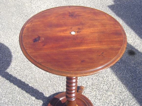 Round Mahogany Bobbin Pedestal Table with Ivory Inlay