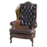 Antique Tufted Leather Wing Back Chair with Nailheads