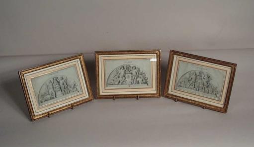 A set of three original designs for demilune trophy panels representing Commerce, the Arts and Agriculture. Executed in pencil and wash on paper.